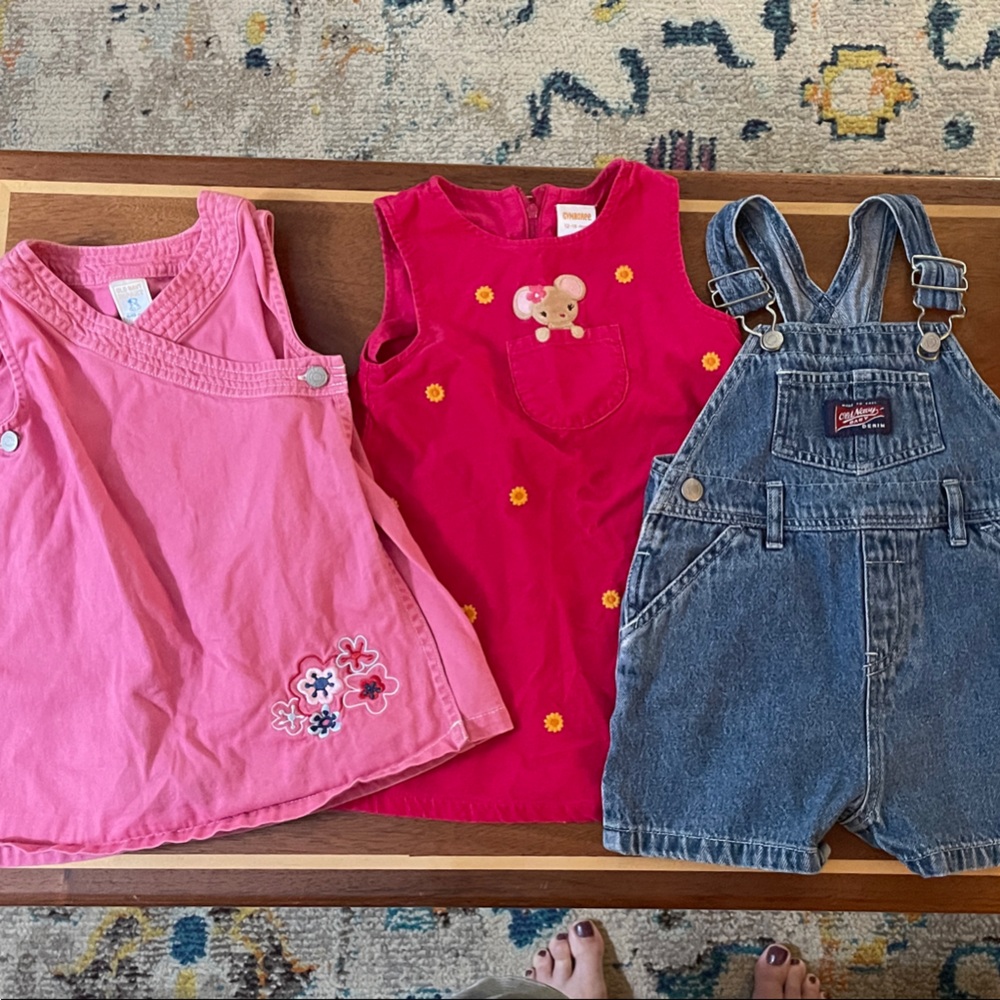 VTG Old Navy Gymboree Red Pink Floral Dresses PLUS Denim Overalls 6-12, 12-18 mo